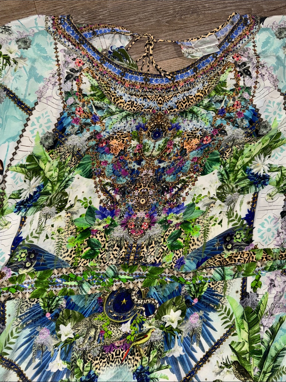 Camilla Silk Moon Garden Floral Multicolor Rhinestone Kaftan Mini Dress - Picture 5 of 7